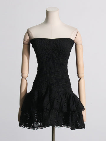 Woochic robe cocktail bustier élastique brodé à volants,courte noir S